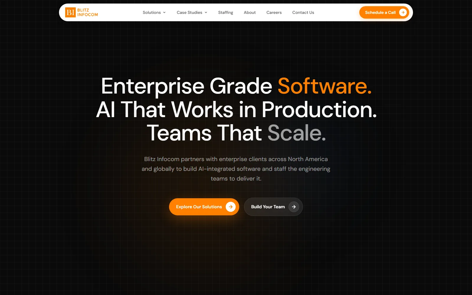 Blitz Infocom homepage: “Enterprise Grade Software. AI That Works in Production.”