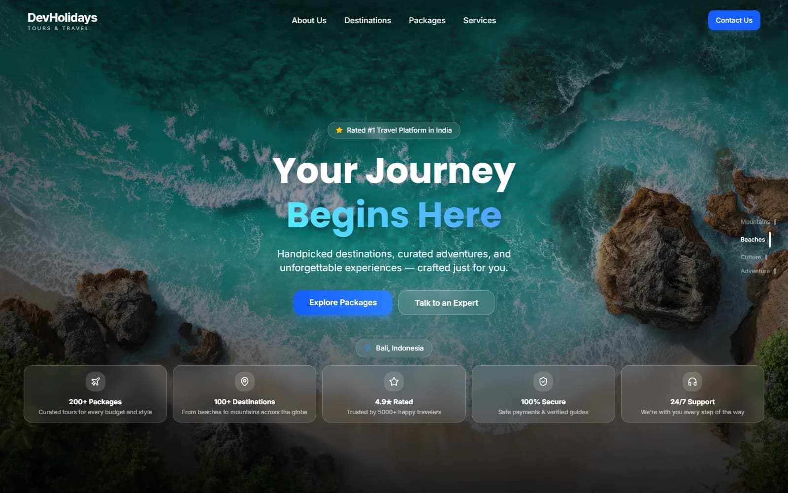 DevHolidays travel homepage: “Your Journey Begins Here” over an aerial coastline
