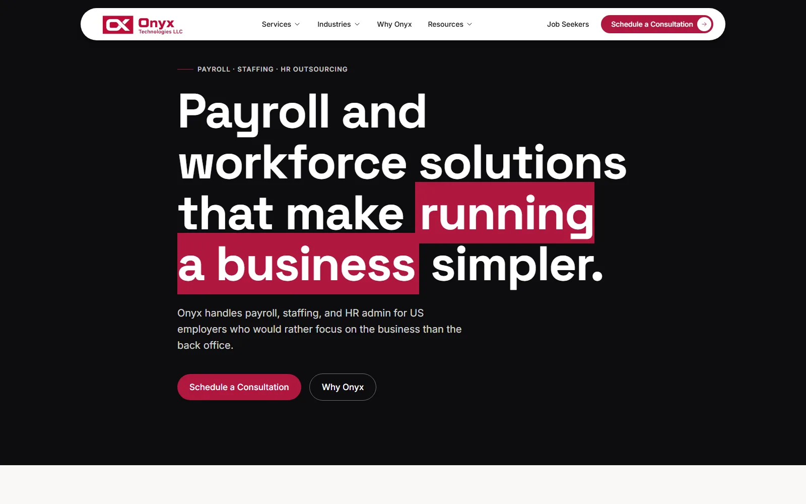 Onyx Technologies homepage: payroll and workforce solutions headline
