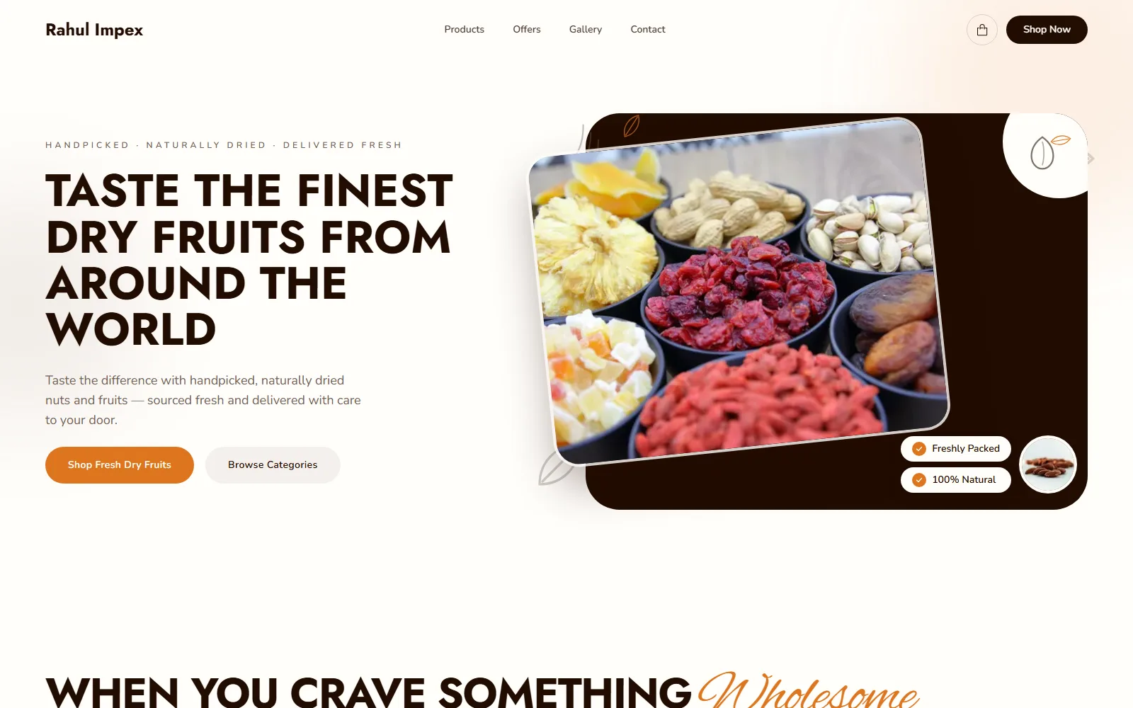 Rahul Impex homepage: a tray of dry fruits beside “Taste the finest dry fruits”
