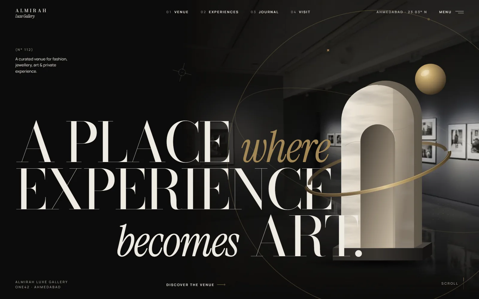 Almirah Luxe Gallery hero: “A place where experience becomes art” beside an arch sculpture