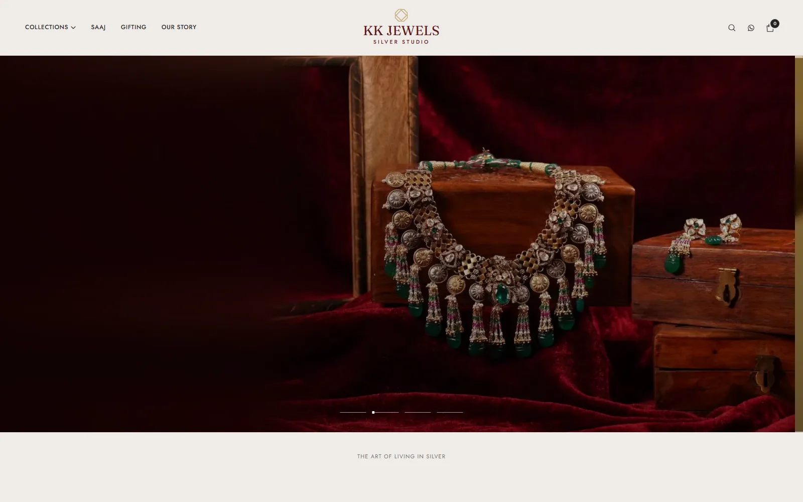KK Jewels homepage: a silver heritage necklace on red velvet