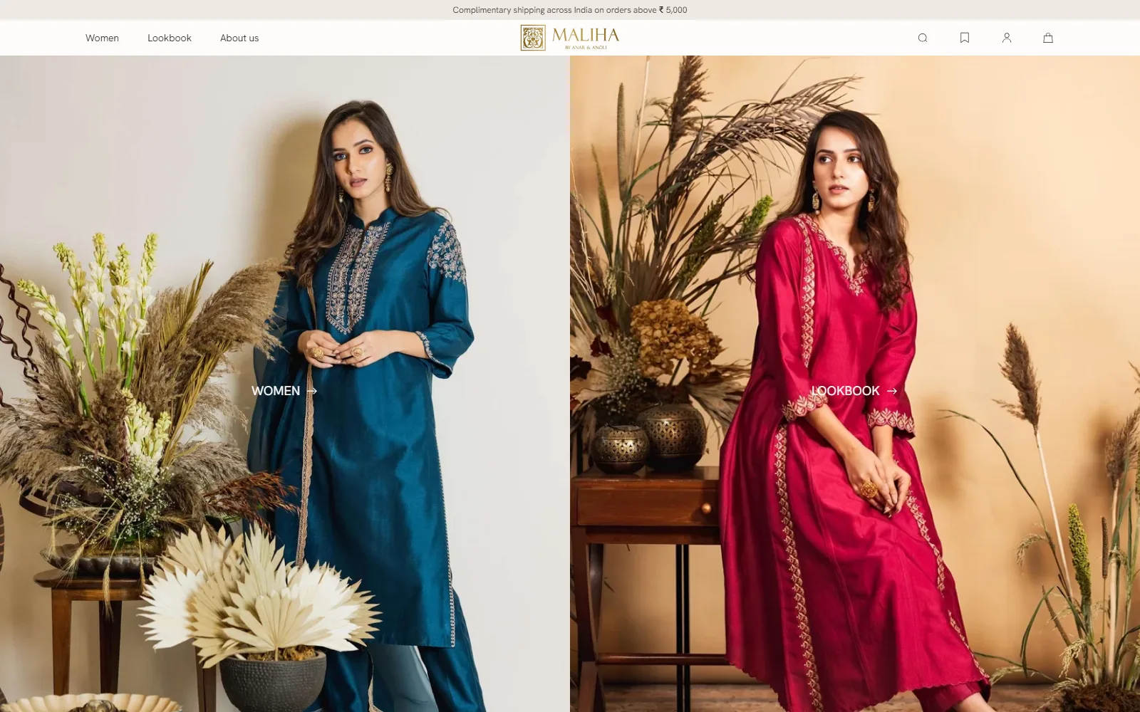 Maliha homepage: two models in handcrafted kurtas framed as Women and Lookbook